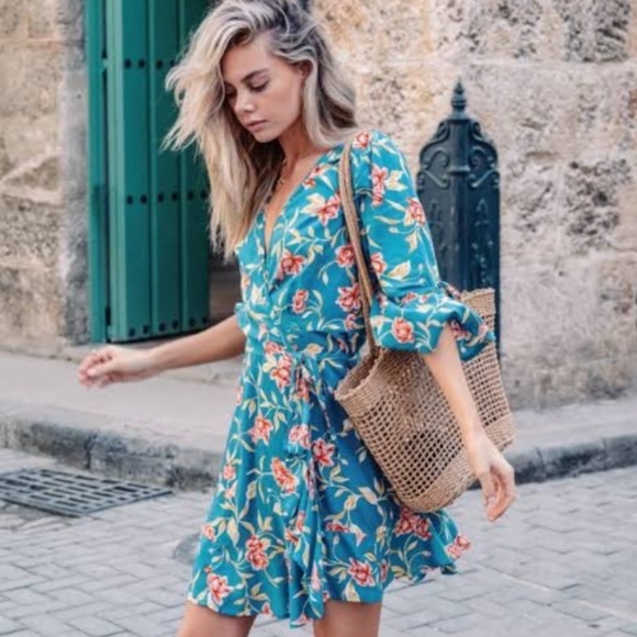 KIVARI Lucia Teal Floral Frill Wrap Mini Dress RRP$190 - Picture 4 of 16